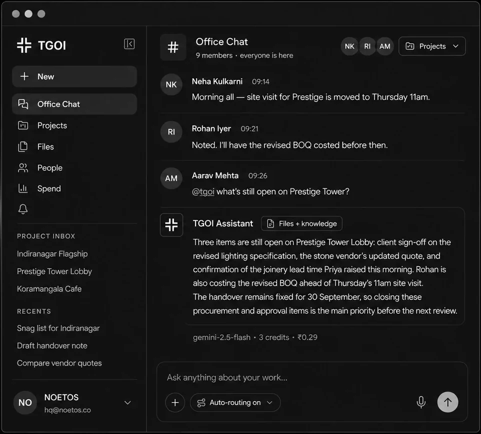 TGOI office chat with the assistant answering in the thread