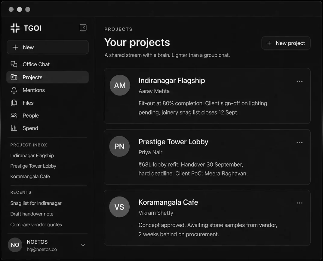 TGOI projects list, each with an owner and a status summary